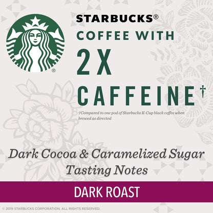 Starbucks Dark Roast K-Cup Coffee Pods - 2X Caffeine for Keurig Brewers | 60 Pods in 6 Boxes