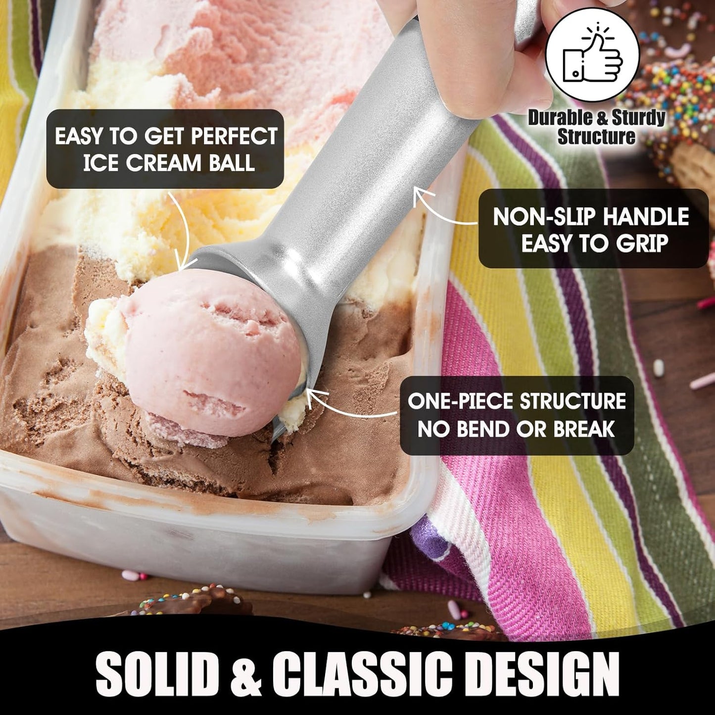 Skiennix 7-Inch Ice Cream Scoop - Nonstick Aluminum Professional Spoon - Durable & Easy to Clean - Silver