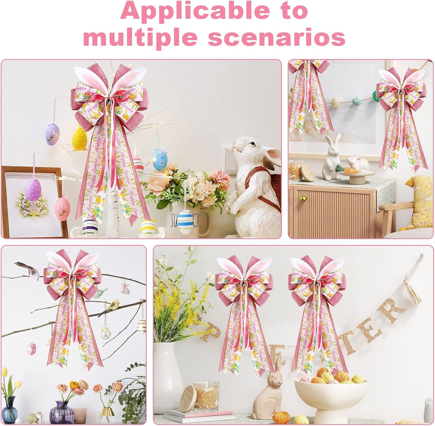 Skiennix Easter Bunny Ear Bows - Large 11"x20" Pink Burlap Decorative Bow for Spring Holiday Decor