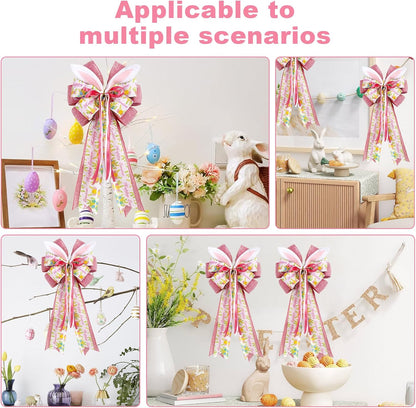Skiennix Easter Bunny Ear Bows - Large 11"x20" Pink Burlap Decorative Bow for Spring Holiday Decor