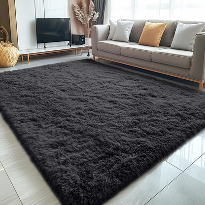 OLANLY Large Area Rug - Soft Fluffy Shaggy Carpet for Living Room & Bedroom | 5x8 ft, Black