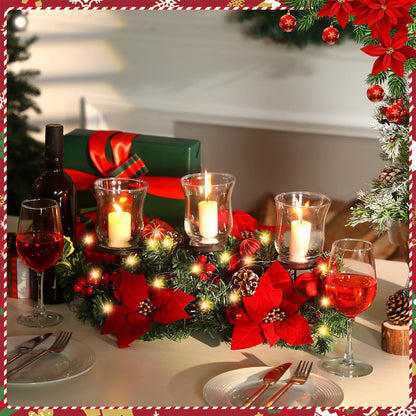 Sliner Christmas Candle Holder - Romantic Poinsettia Glass Centerpiece for Holiday Table Decor