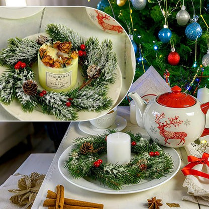Jansun Christmas Candle Rings - 4 Pcs Red Berries & Pine Needles Mini Wreaths for Table Centerpieces