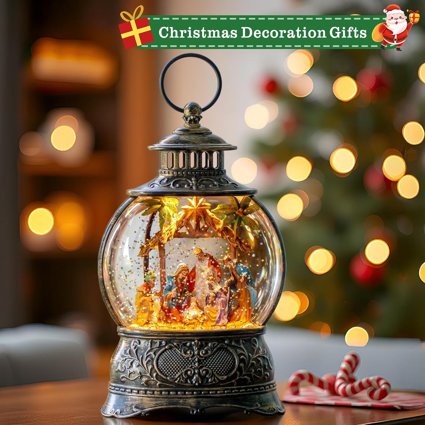 Regine Switzerland Christmas Snow Globe Lantern - Musical Holy Family Nativity Scene | 6H Timer, USB & Battery Operated