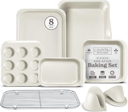 Country Kitchen Nonstick Bakeware Set - Deluxe Heavy Duty, Easy Release, 8 Pcs, Cream