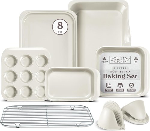 Country Kitchen Nonstick Bakeware Set - Deluxe Heavy Duty, Easy Release, 8 Pcs, Cream
