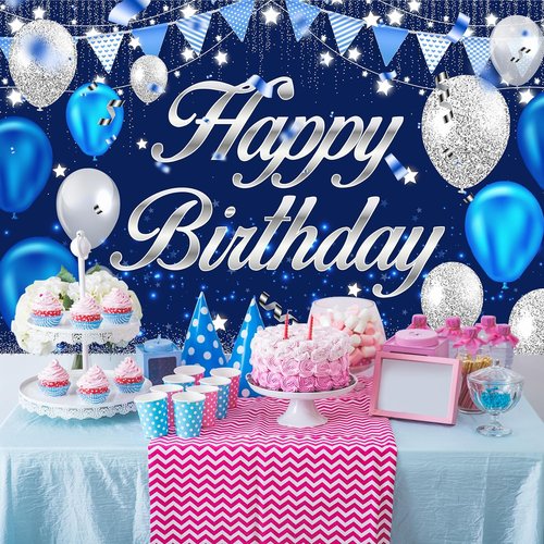 Happy Birthday Banner - Blue & Silver Party Decorations for Men, Women, Boys & Girls