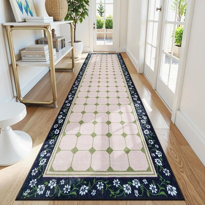 Anidaroel Hallway Runner Rug - Non-Slip, Washable, Low Pile Floral Carpet | Green, 3x10 ft