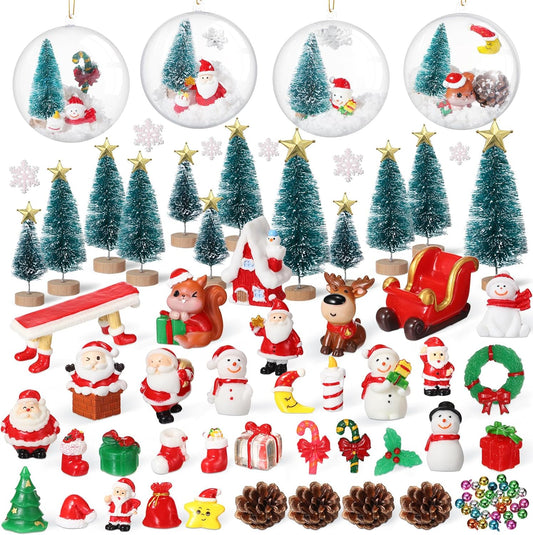 Roowest Miniature Ornaments - 96 Pcs DIY Snow Globe Kit for Christmas Village Decor | Snowman, Reindeer, Santa Claus, Snowflake (Teal)