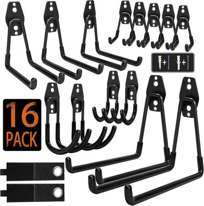 KOFANI Steel Garage Storage Hooks - Heavy-Duty Anti-Slip Wall Mount Hooks | 16 Pack for Bikes, Ladders, Tools