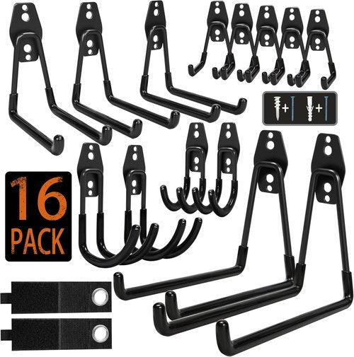 KOFANI Steel Garage Storage Hooks - Heavy-Duty Anti-Slip Wall Mount Hooks | 16 Pack for Bikes, Ladders, Tools