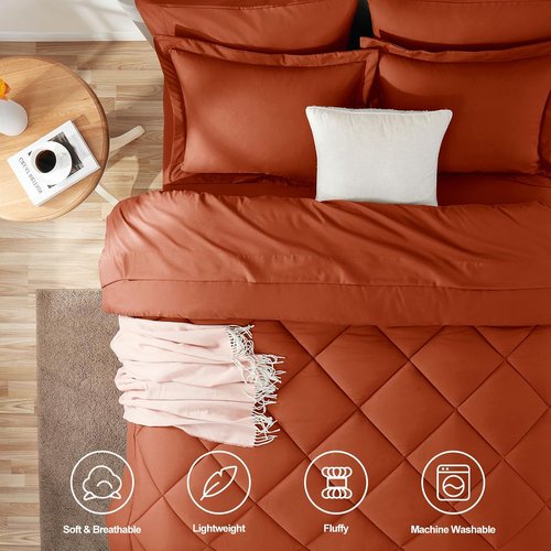 CozyLux Queen Comforter Set - Luxury Soft 7-Piece Bed in a Bag in Burnt Orange for All Seasons