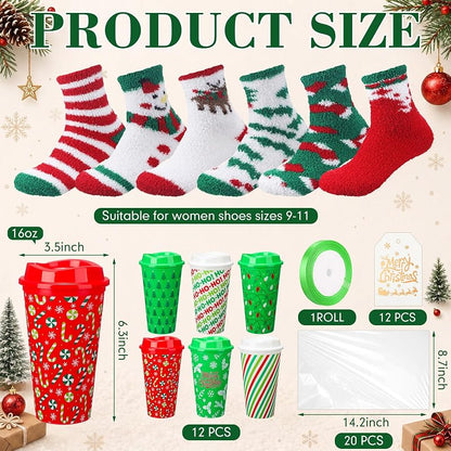 Bulk Christmas Gift Set - 12 Pairs Socks, 12 Mugs, 12 Cards, 20 Gift Bags & Ribbon (12+ Candy Cane)