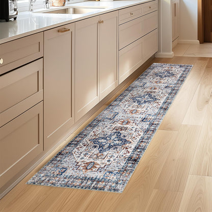 2x8 Hallway Washable Runner Rug : Vintage Soft Kitchen Bathroom Laundry Runner Non Slip Backing Farmhouse Entryway Floor Mat Stain Resistant Carpet for Bedroom Living Room Distressd Beside Rug(Blue)