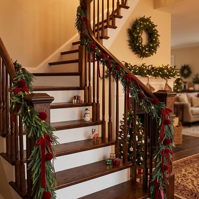 9ft Christmas Cedar Garland with Ornaments for Mantel & Fireplace — Realistic Artificial Norfolk Pine Cedar Garlands
