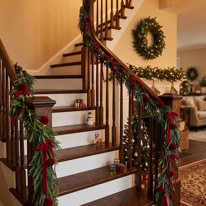 9ft Christmas Cedar Garland with Ornaments for Mantel & Fireplace — Realistic Artificial Norfolk Pine Cedar Garlands