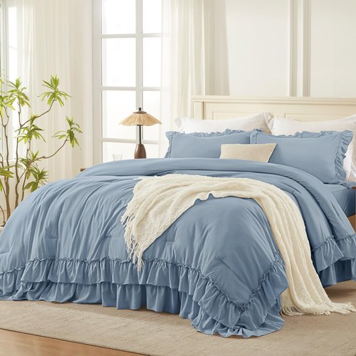 Andency Grayish Blue Full Size Comforter Set, 3 Pieces Lightweight Fluffy Shabby Chic Ruffle Bedding Comforter Sets, All Season Soft Microfiber Bed Set for Kids, Boys, Men(79x90Inch)