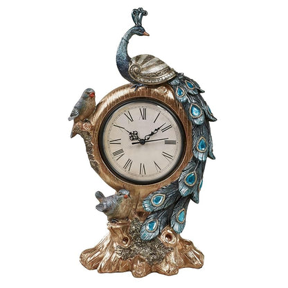 Poised Peacock Battery-Operated Pedestal Clock with Resin Birds