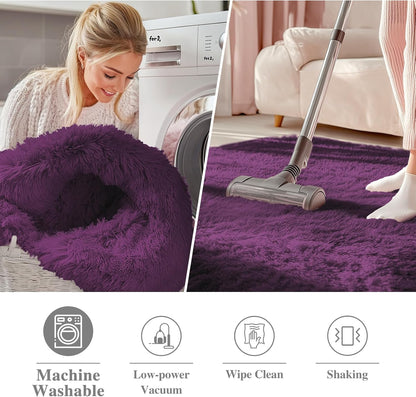 OLANLY Round Dark Purple Area Rug - Soft, Fluffy, Machine Washable 3 ft Carpet for Bedroom & Living Room Decor