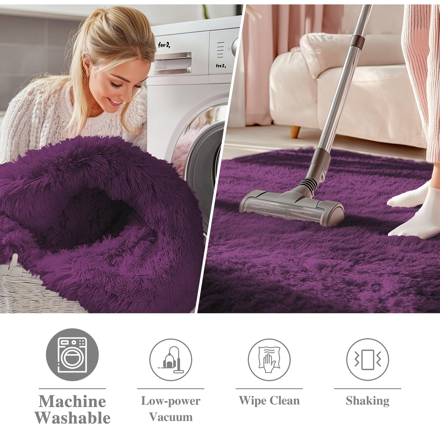 OLANLY Dark Purple Round Rugs for Bedroom - Machine Washable, 9 ft Circle Area Rugs for Living Room, Soft and Fluffy Shaggy Carpet for Teen Girl and Boys, Nursery Rooms, Dorms, Home Decor Aesthetic