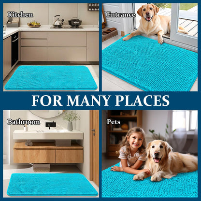 OLANLY Dog Door Mat - Absorbent Non-Slip Chenille Mat for Muddy Paws | 54x32 Inches, Aqua Blue