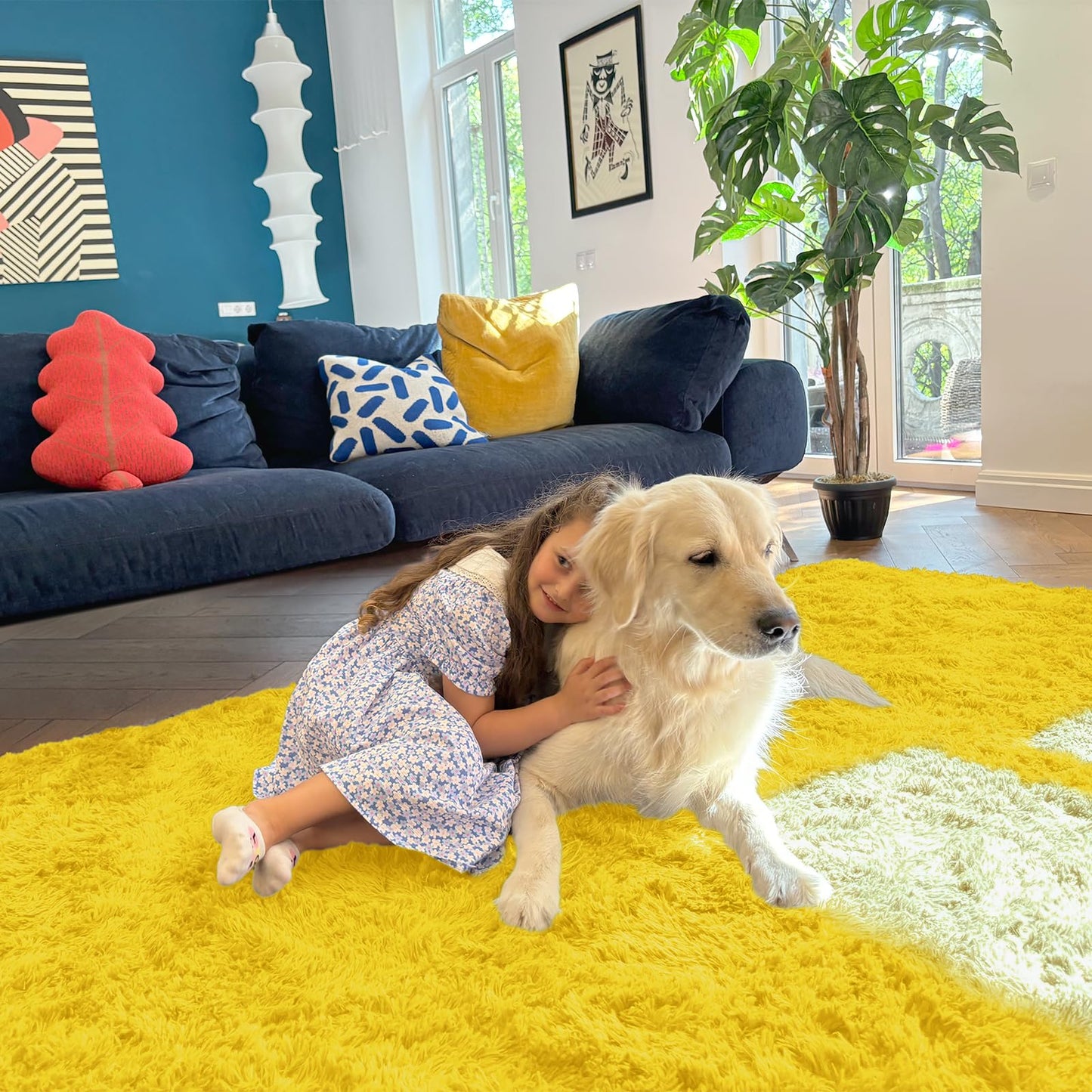 OLANLY 5x7 Machine Washable Large Area Rugs for Living Room, Bedroom, Soft Fluffy Shaggy Bedside Rug, Indoor Floor Carpet for Kids Girls and Boys, Dorms, Nursery, Home Decor Aesthetic, Yellow