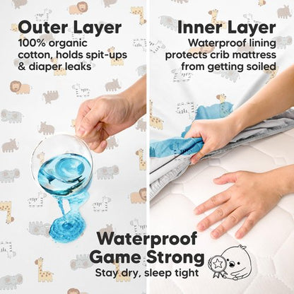 2-Pack Waterproof Crib Sheets for Boys, Girls - 52x28 Fitted Organic Cotton Baby Crib Sheets, Toddler Mattress Protector Cover, Washable, Soft & Durable Baby Bedding Essentials (Mist Rose)
