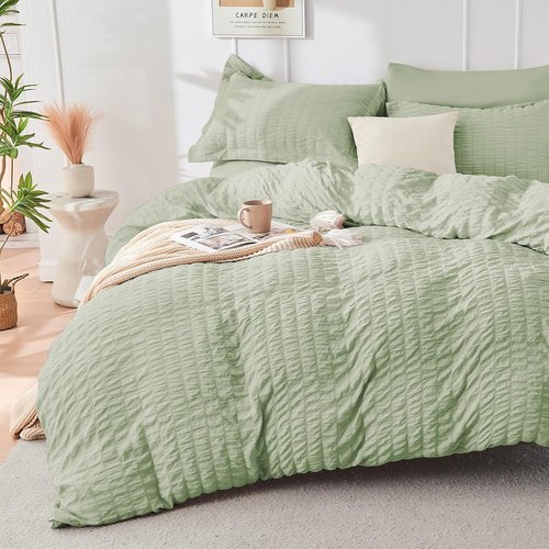 HYMOKEGE Comforter Set - Luxury Light Green Seersucker 7-Piece Bedding Set | All-Season Full Size
