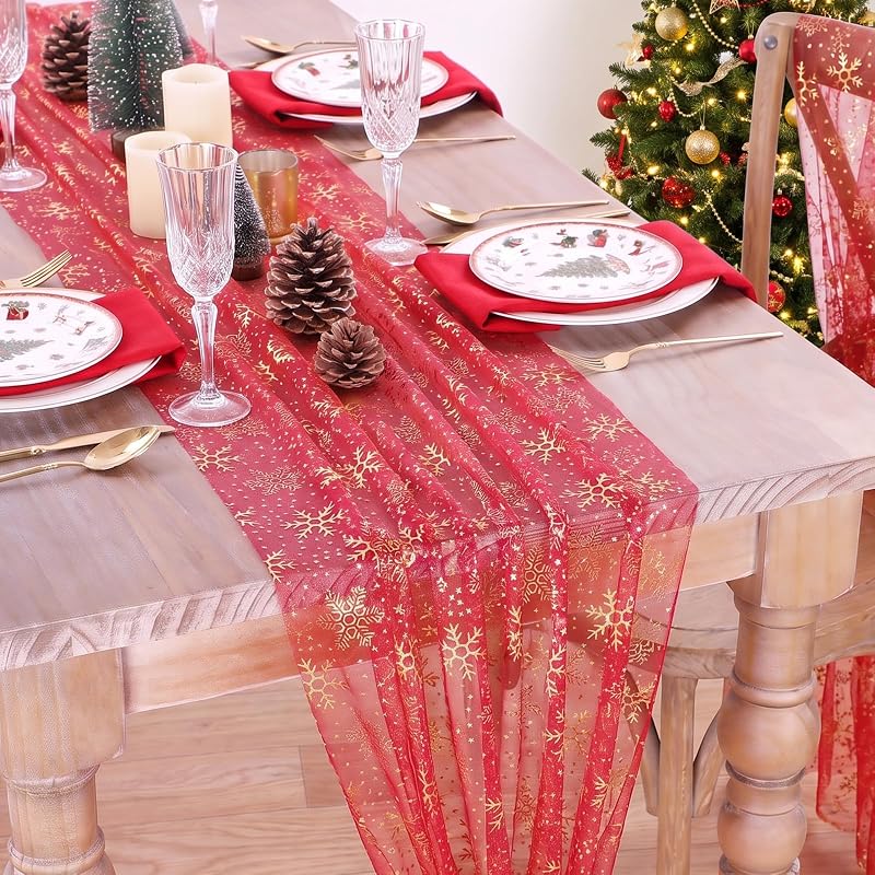 Christmas Snowflakes Table Runner Gauze with Metallic Foil, 29x120 Inches - Xmas Red Gold