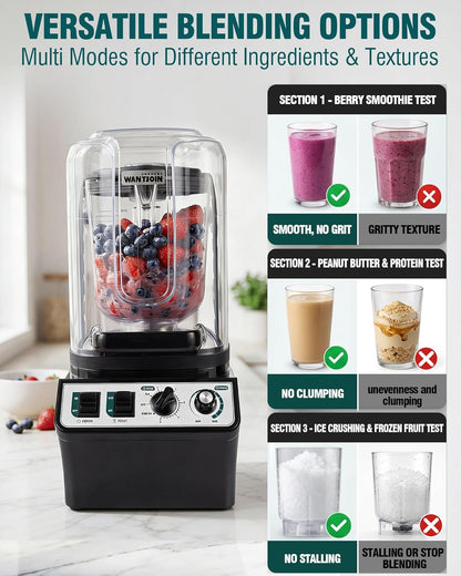 WantJoin Commercial Blender - 80Oz Quiet Smoothie Maker with Soundproof Shield & Self-Cleaning Feature