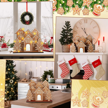 Threehoney Christmas Gingerbread House Decor - 8 Pcs Wooden Table Centerpiece for Holiday Cheer