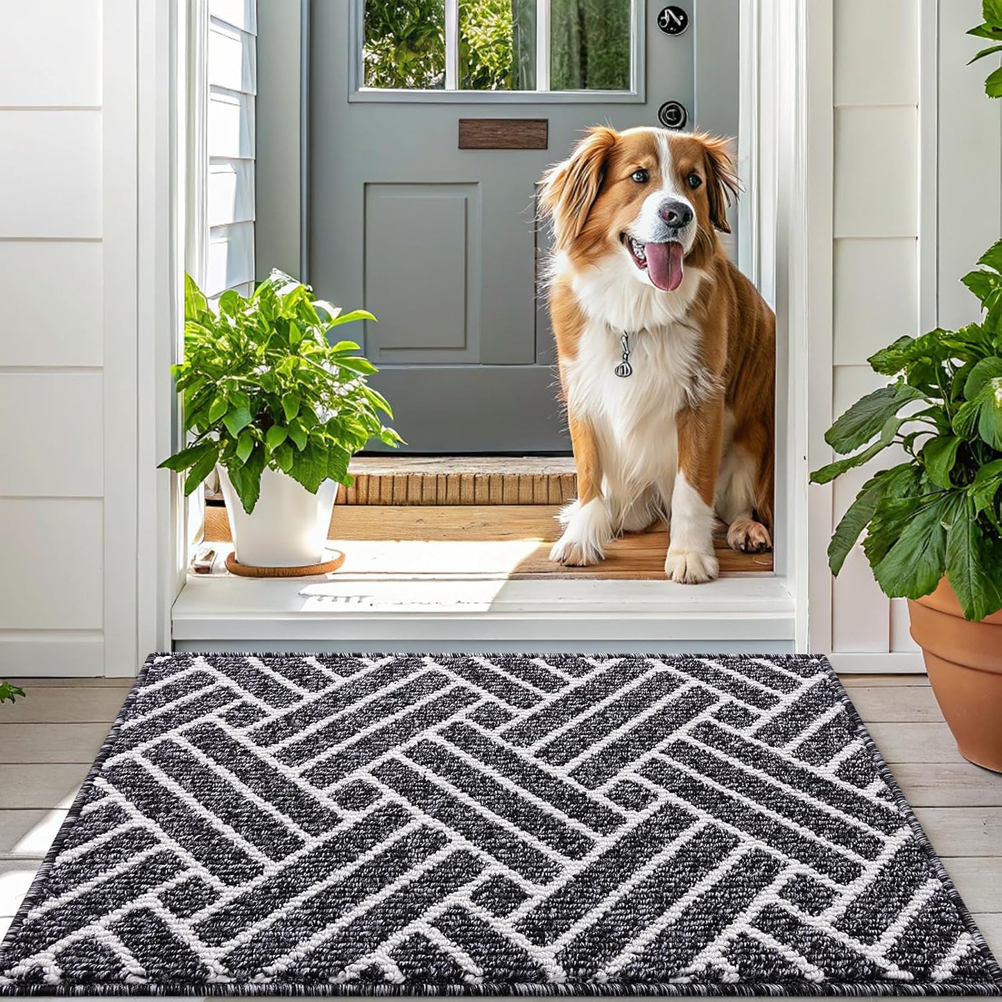 OLANLY Door Mat Set - Geometric Indoor & Outdoor Mats | 29.5"x17" & 32"x20" - Stylish Black Design