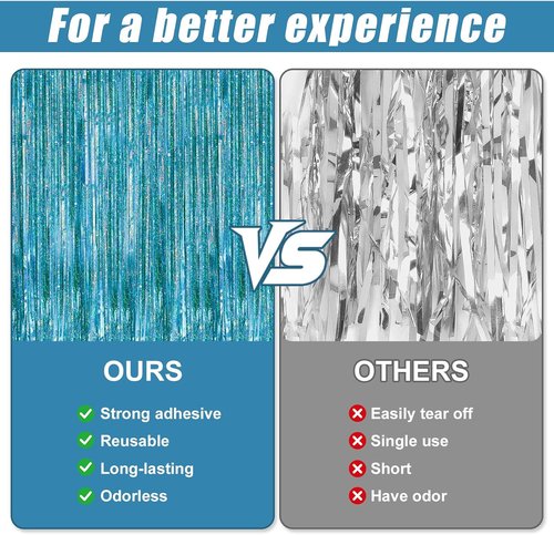 Crosize Laser Blue Foil Fringe Curtains - 3 Pack Tinsel Backdrop for Parties & Birthdays | 3.3 x 9.9 ft