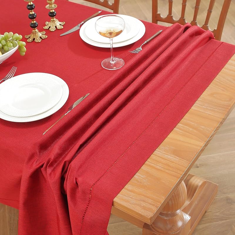 Red Hemstitch Tablecloth – Faux Linen 86" × 60" Rectangle, Handmade Fringe