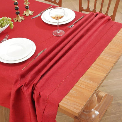 Red Hemstitch Tablecloth – Faux Linen 86" × 60" Rectangle, Handmade Fringe