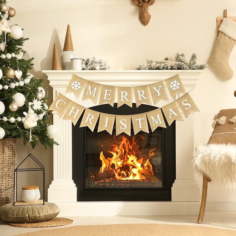 Merry Christmas Burlap Banner Set - 16 Pcs Pre-Assembled Snowflake Garlands