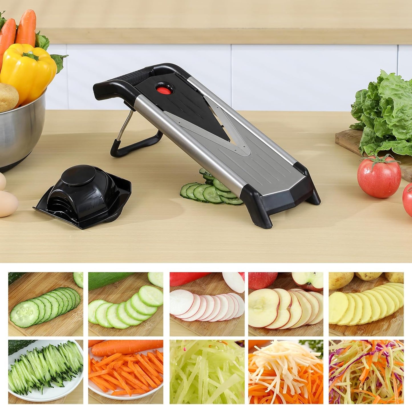 Supernal 5-in-1 Adjustable Mandoline Slicer - Durable Stainless Steel Vegetable Cutter with Cut-Resistant Gloves | Ideal for Potatoes, Tomatoes, Carrots, Onions & More
