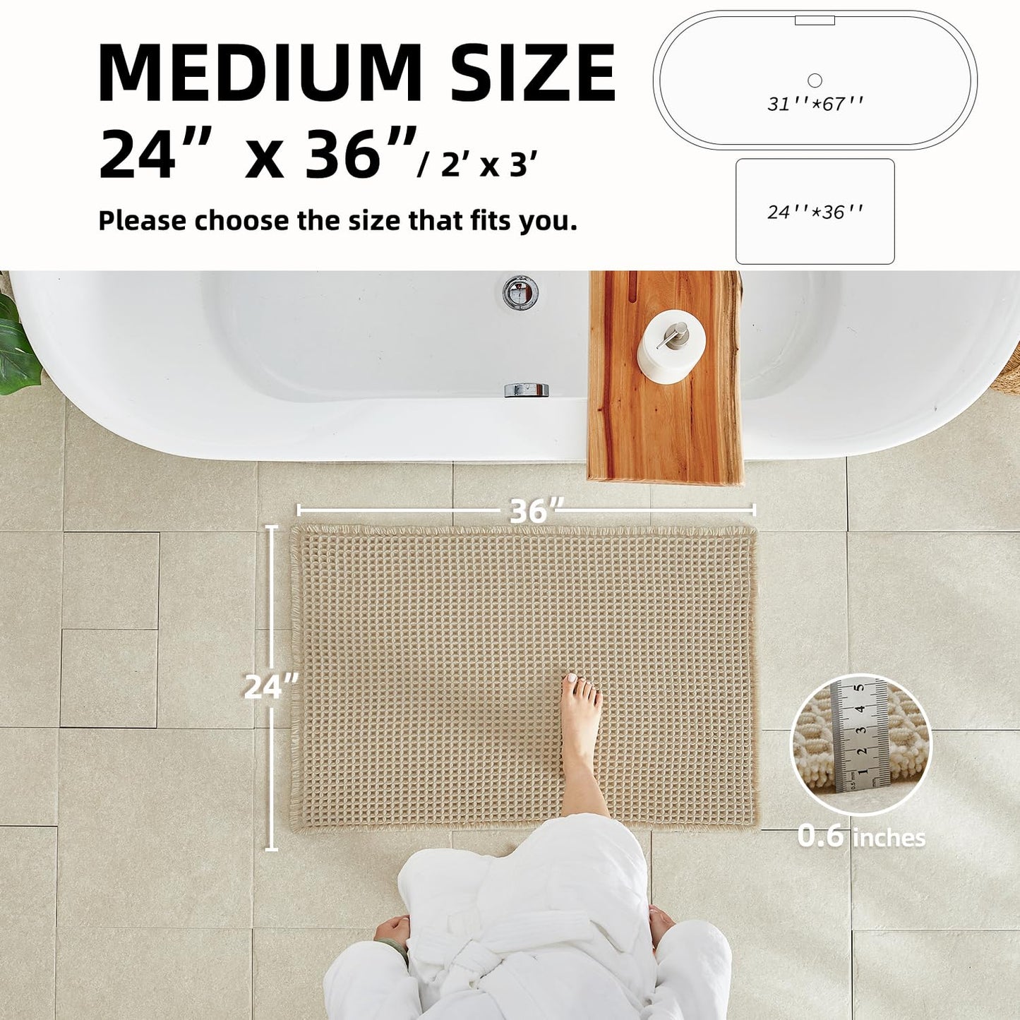 TYUU Pale Beige Bathroom Rug, Waffle Bath Mat Non Slip Washable Super Absorbent Quick Dry Boho Farmhouse Bathroom Decor, 36''x24'' Pale Beige