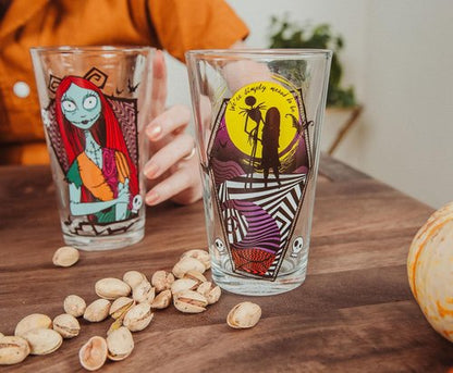 Disney The Nightmare Before Christmas Jack & Sally 16-Ounce Pint Glasses, Set of 4 | Traditional Beer Mug Glassware For Liquor, Beverages, Pub Drinks | Home Barware Decor, Kitchen Essentials
