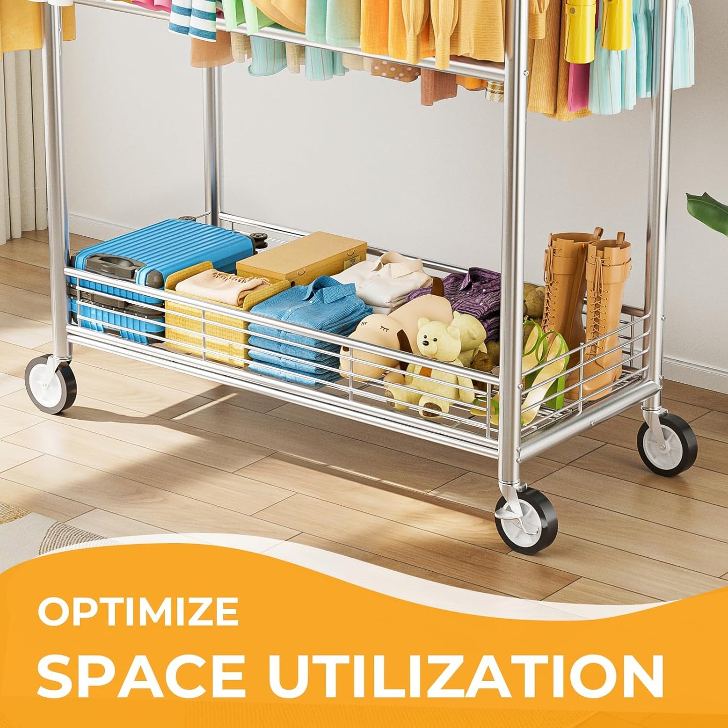 Skiennix Heavy Duty Clothes Rack - 960LBS Capacity, Portable & Adjustable with Sturdy Wheels | Silver