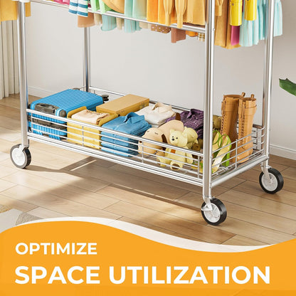 Skiennix Heavy Duty Clothes Rack - 960LBS Capacity, Portable & Adjustable with Sturdy Wheels | Silver