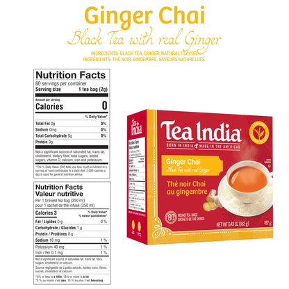 Tea India Ginger Chai Black Tea with Real Ginger Flavorful Blend Of Premium Black Tea, Ginger & Natural Ingredients Traditional Indian Caffeinated Tea 80 Round Teabags