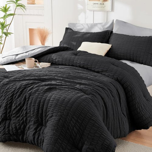 HYMOKEGE Black/Light Grey Twin XL Comforter Set Seersucker 5 Pieces, All Season Luxury Bed in a Bag for Bedroom, Bedding Set with Comforter, Sheets, Pillowcase & Sham