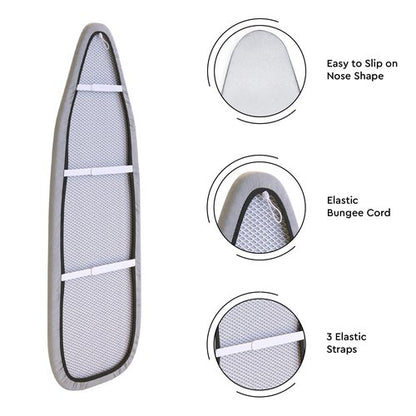Encasa XO Ironing Board Cover and Pad 49"x18" - 4mm Felt & 2mm Foam Metallized Silver Iron Board Cover with Padding - Heat & Scorch Resistant, Non Slip, Bungee Elasticated, 3 Fasteners Silver Luxury