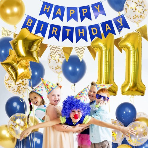 11th Birthday Decorations by [Brand Name] - Navy Blue & Gold Balloons with 40-Inch Number 11 Foil | Happy Birthday Banner