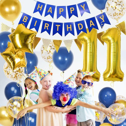 11th Birthday Decorations by [Brand Name] - Navy Blue & Gold Balloons with 40-Inch Number 11 Foil | Happy Birthday Banner
