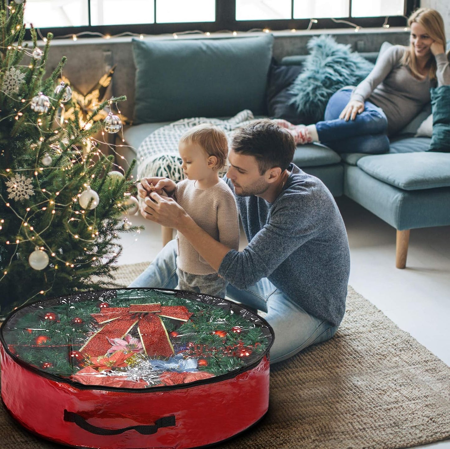 Propik Christmas Wreath Storage Bag - Tear-Resistant Holiday Container with Clear Window | 36" X 36" X 8" (Red)
