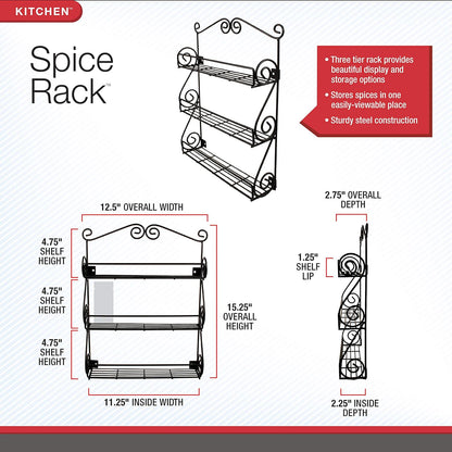 Spectrum Diversified 3-Tier Wall-Mounted Spice Rack Organizer - Stylish Storage for Kitchen & Beauty Products