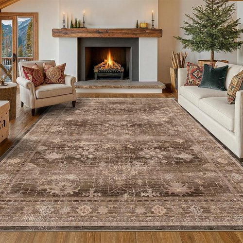 Hazo Haus Boho Taupe Brown 5x7 Area Rug - Modern Vintage Non-Slip Washable Design for Living Room & Nursery
