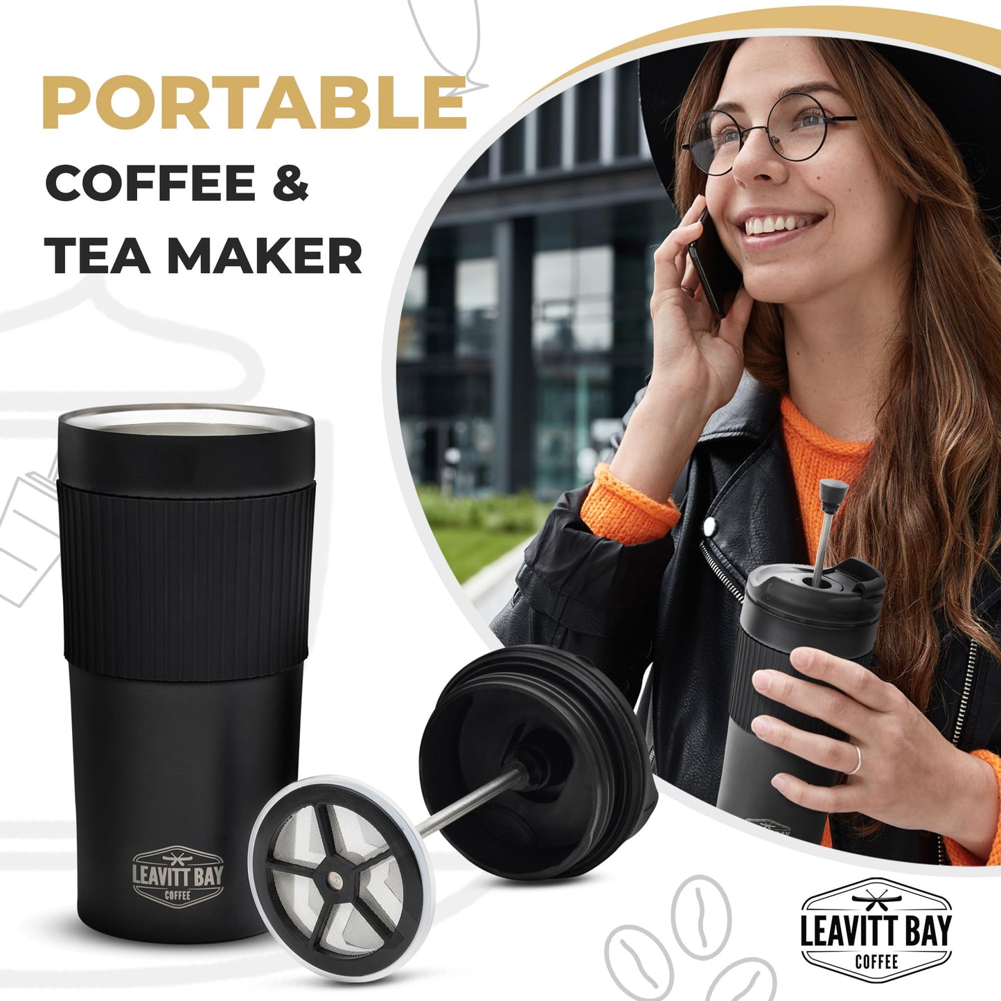 Portable French Press Travel Mug (15oz) - Stainless Steel & Double Wall Vacuum Black Coffee Maker – Single Serve French Press for Travel, Home, Office, or Camping - No Leak Coffee or Tea Press Tumbler